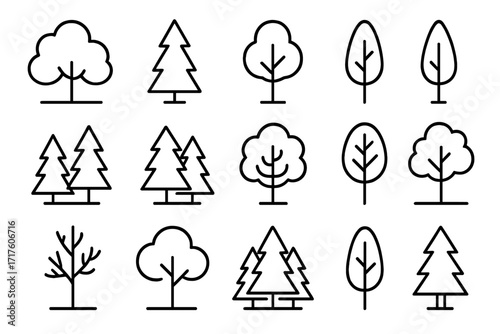 Tree and forest line icon collection. Vector set of simple nature symbols. Minimalist outline icons of pine, deciduous and bare trees. Editable stroke for web and mobile apps.