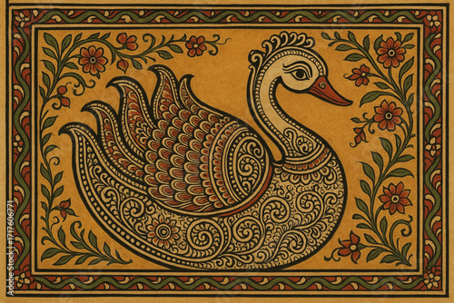indian traditional pattachitra art of swan with detailed decorative motifs, pattachitra art style