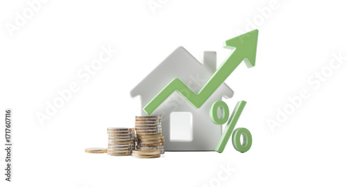 Rising House Prices, Interest Rates, and Investment Growth 3D Render of Home Icon with Coins and Upward Trend Graph