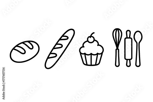 Baking line icons set with bread, baguette, cupcake. Kitchen tools utensils vector. Pastry, bakery outline symbols for cooking. Whisk, rolling pin, spoon collection.