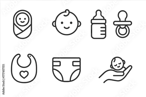 Basic baby care icons. Modern minimalist linear design. Newborn pictogram set. Vector symbols for child, infant, feeding, diaper, pacifier, bib. Motherhood concept.