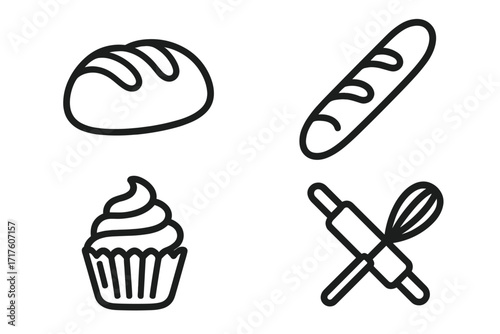 Baking and bakery line icon set. Loaf of bread, baguette, cupcake muffin, and kitchen utensils. Minimal outline vector illustration for patisserie, recipe, food blog graphics.