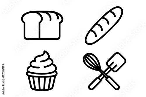 Baking line icons set. Bread, baguette, cupcake, kitchen tools vector illustration. Bakery sign. Cooking, food, pastry, dessert symbol. Loaf, whisk, spatula elements. Outline.