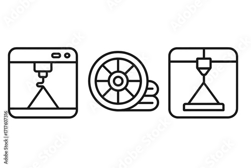 3D printer and filament line icon set. Additive manufacturing and rapid prototyping technology concept. Industrial design and engineering vector symbols for digital fabrication.