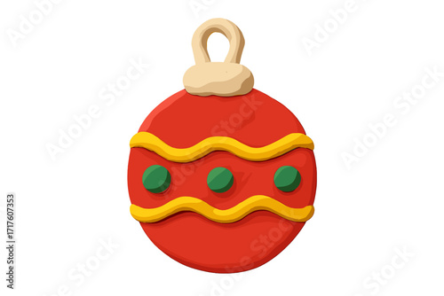 Christmas ball ornament. Clay 3D plasticine handmade element for festive holiday design. Cute childish craft decoration. Red winter toy isolated. Vector cartoon graphic art.