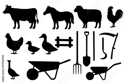 Big set of farm animal and farming tool silhouettes. Vector illustration of livestock and agricultural equipment like cow, horse, sheep, chicken, duck, goose and wheelbarrow.