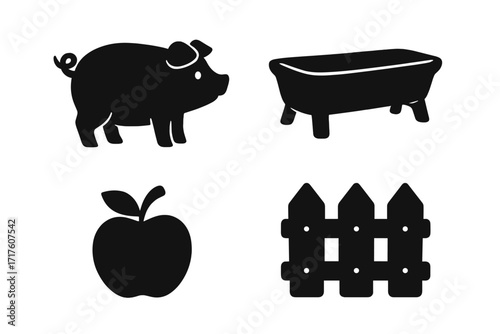 Farm life silhouette icon set with pig, feed trough, apple fruit, and picket fence. Vector graphic symbols for agriculture, farming, and livestock concepts. Isolated black design elements.