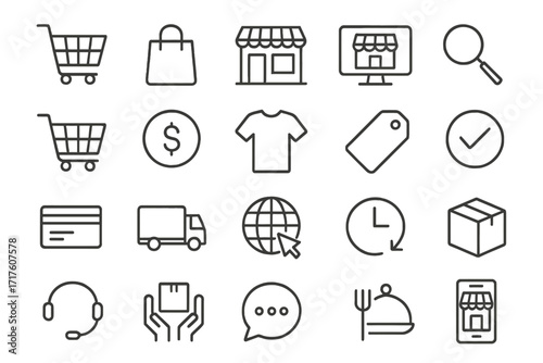 E-commerce icon set with editable stroke. Thin line vector icons for online shopping, web store, product delivery, mobile payment, and customer service support. Logistics symbols.