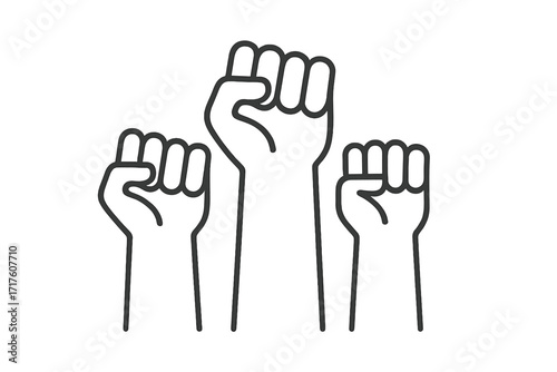 Arms raised with closed fists. Vector line icon for revolution, social issues, riots, and protest. Symbol of strength, success, and unity. Crowd power sign of resistance.