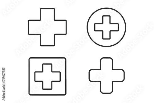 Medical cross plus sign thin line icon set. First aid, hospital, and pharmacy symbol collection. Health care pictogram for web, apps, and print. Editable stroke vector.