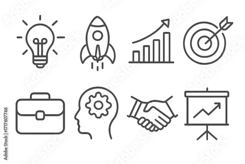 Business icons set for startup and innovation. Thin line vector symbols for idea, growth strategy, financial success, and teamwork. Includes rocket, target, chart, and handshake.