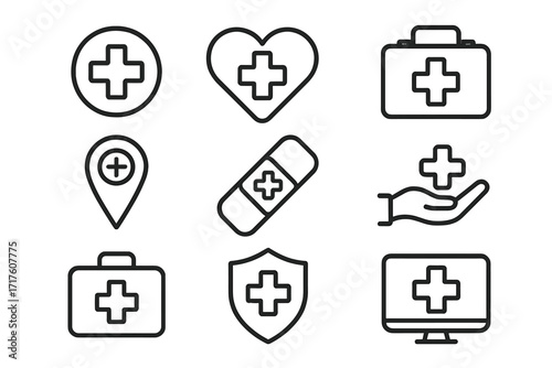 Medical cross line icon set for healthcare apps. First aid, hospital, and pharmacy symbols. Vector collection with heart, shield, plaster, and telemedicine concepts. Editable stroke.