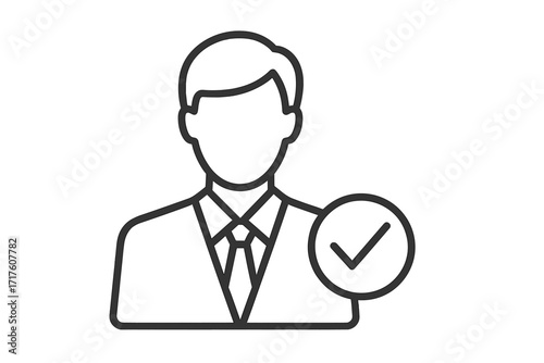 Businessman icon with checkmark for human resources and job search. Vector for approved candidate, employee verification, recruitment, and business hiring concepts.