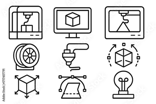 3D printing technology line icon set. Additive manufacturing and rapid prototyping. Vector symbols for printer, filament, nozzle, CAD design, engineering and digital fabrication.