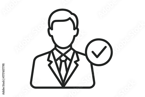 Recruitment and hiring thin line icon. Approved candidate for a job. Human resources and staff search concept. Verified user profile. Employer hunting. Businessman with checkmark.