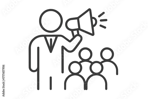 Leader with megaphone speaking to a crowd. Public speaking icon. Leadership, communication, teamwork concept. Announcement, marketing, promotion. Manager addressing team. Vector line art.
