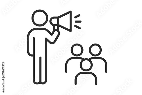 Man with megaphone communicating to crowd. Vector thin line icon for leadership, teamwork, public speaking. Leader, protest, announcement, marketing, promotion, social media.