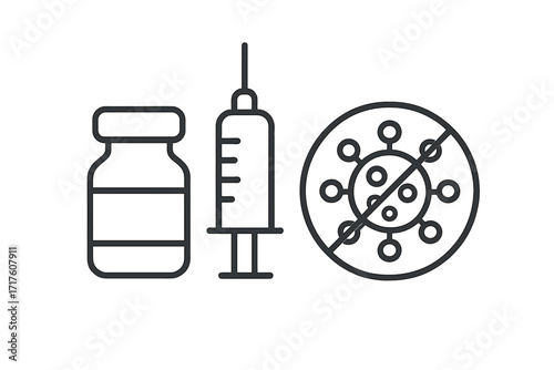 Coronavirus vaccine thin line icon set. Covid-19 immunization and treatment concept. Syringe, vial and stop virus symbol. Medical vector illustration for healthcare and prevention.