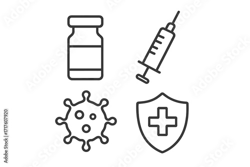Coronavirus vaccine thin line icon set. Covid-19 immunization concept. Vector illustration for fighting virus, treatment, vaccination, healthcare and medical symbol pack.