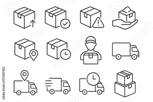 Delivery service and logistics line icon set. Shipping, package tracking symbols. Parcel, box, courier, truck pictograms. Vector outline icons for web, app, UI design. Editable stroke.