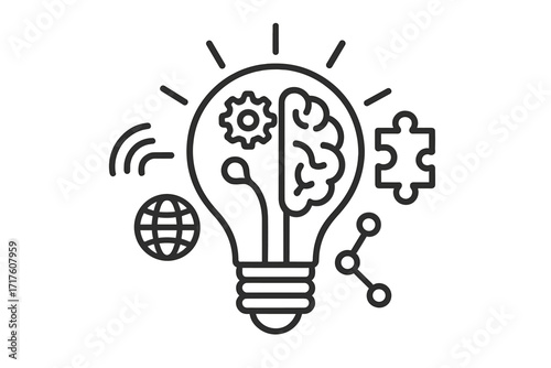 Creative idea in lightbulb with brain and gear. Innovation, knowledge, technology. Human mind concept. Problem solving, startup, business solution. Thin line vector icon.