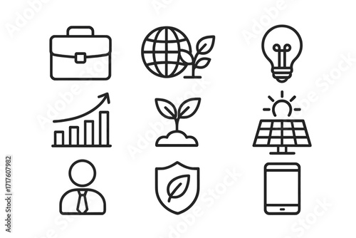 Business and environment icon set. Sustainable technology and green energy vector icons. Corporate growth, eco friendly innovation, solar panel, and environmental protection.