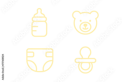 Baby essentials icon set. Minimalist line art vector illustration collection. Newborn and childcare symbols: feeding bottle, pacifier, diaper, teddy bear toy. Simple outline design.