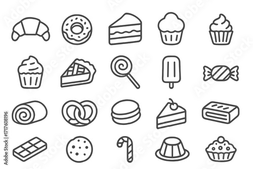 Pastry and desserts line icon collection. Sweet food and bakery symbols. Vector outline illustration set of cake, donut, cookie, candy, pie, and cupcake. Editable stroke.