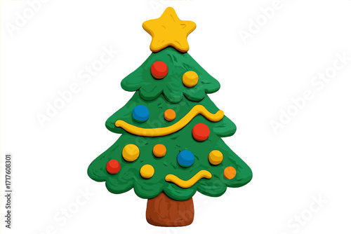 Christmas tree clay element in a naive childish style. Isolated plasticine toy. Vector cartoon illustration for festive winter holidays. Handmade 3d icon for new year design.