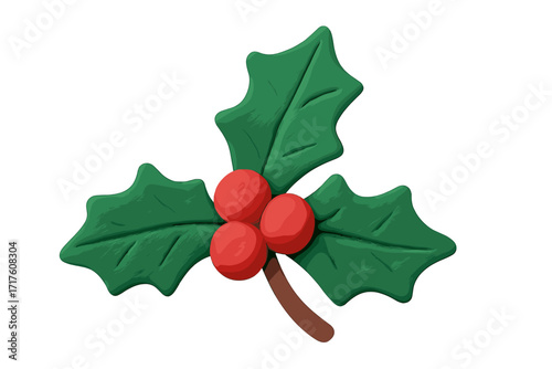 Christmas holly with red berries. Festive winter holiday symbol. 3D plasticine icon in cute childish style. Handmade clay art decoration element. Isolated vector illustration.