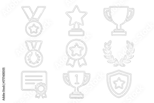 Awards and trophies line icon set. Vector outline symbols of victory, achievement, and success. Collection for winner recognition, first place prize, champion medal and cup.