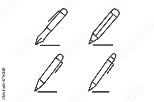 Pen and pencil line icon pack. Vector symbols for writing, drawing, signing, and editing. Minimalist school and office stationery pictograms. Editable stroke for web design.