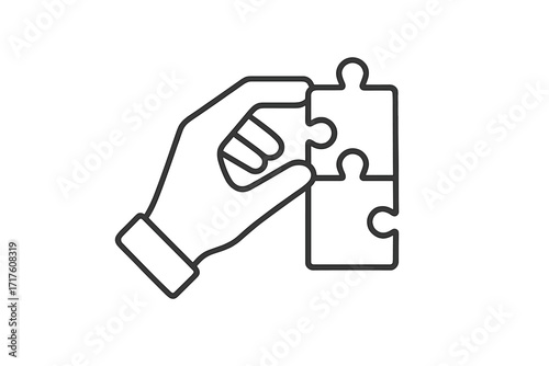 Hand putting puzzle pieces together. Business solution concept. Metaphor for strategy, teamwork, and partnership. Creativity and problem solving icon. Connection and integration.