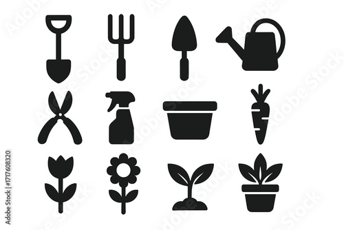 Garden tools and plants icon set. Simple silhouette collection. Vector glyphs for gardening, farming and horticulture. Includes shovel, fork, trowel, pot and flower.
