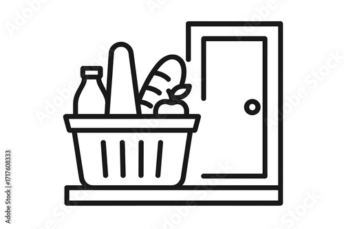 Grocery delivery service icon. Shopping basket with food at the door. Contactless online order from a supermarket. Vector thin line symbol for safe food delivery at home.