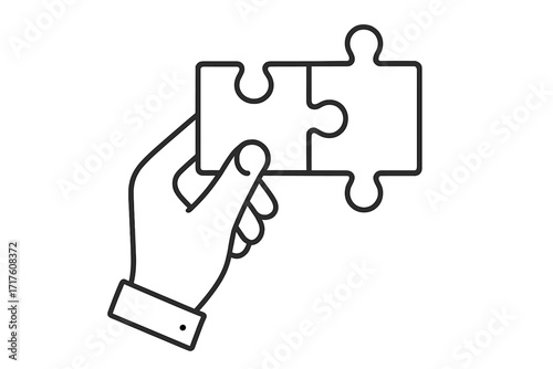 Hand matching two puzzle pieces. Vector thin line icon for business solution, creativity, and problem-solving. Metaphor for teamwork, connection, partnership, and strategy.