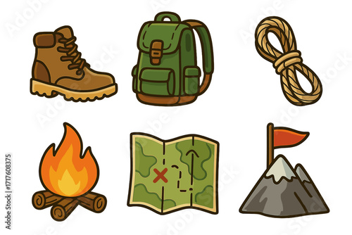 Camping essentials icon set. Outdoor adventure and hiking equipment. Vector cartoon of boot, backpack, rope, campfire, map, and mountain peak with a flag for trekking.