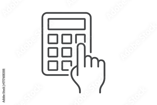 Hand with finger on calculator for financial calculation. Concept for business accounting, budget planning, savings, investment analysis. Economy and math symbol. Thin line icon.