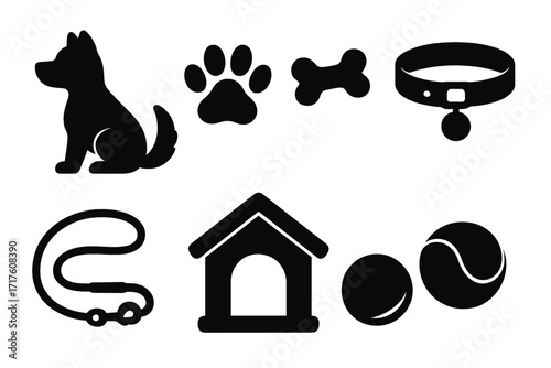 Dog accessories icon set. Black silhouette collection of pet care items. Vector graphic includes a puppy, paw print, bone, collar with tag, leash, kennel, and tennis ball.