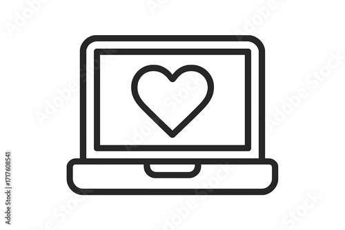 Laptop with heart icon. Online dating symbol. Love, romance concept. Social media like button. Favorite, feedback, review. Health care, charity, donation vector logo.