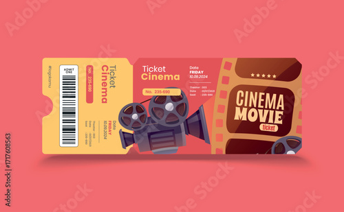Cinema or movie ticket template featuring a realistic retro cinema design, classic front view layout, and detailed vector illustration perfect for posters, events, collectibles.