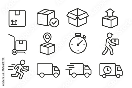 Logistics and delivery service line icon set. Shipping, fast courier, package tracking vector symbols. Contains van, box, trolley. Editable stroke icons for web design, apps.