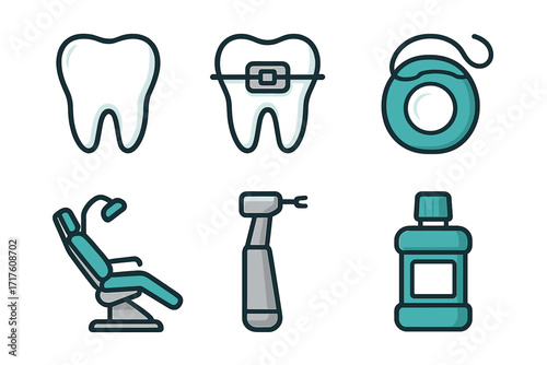 Dental care icon set. Vector illustration of tooth, braces, dental floss, mouthwash, dentist chair, drill. Oral hygiene, stomatology, orthodontics treatment concept symbols.