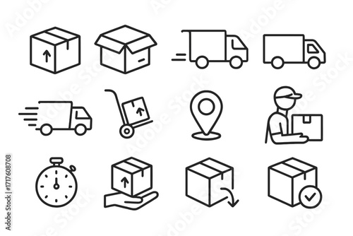 Delivery service line icon set. Shipping and logistics symbols for web and app. Fast express transport, order tracking, courier, truck, box, parcel, cargo, freight. Editable stroke.