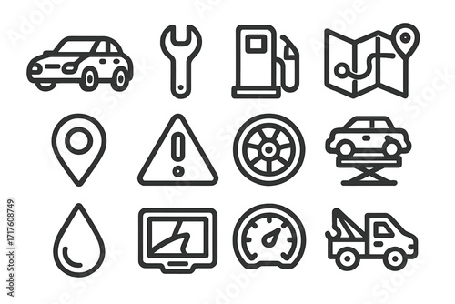 Car service and auto repair line icon set. Vector illustrations for automotive maintenance, workshop, diagnostics, and roadside assistance. Tow truck, navigation, and garage symbols.