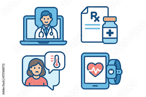 Telemedicine and digital healthcare icon set. Vector concepts for online doctor consultation, e-prescription, symptom checker chat, and remote patient monitoring with health app.