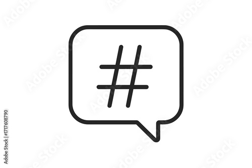 Hashtag speech bubble icon. Social media marketing symbol. Vector line art for tagging, digital content, topics, followers, blogging, communication, viral trends, chat, message.