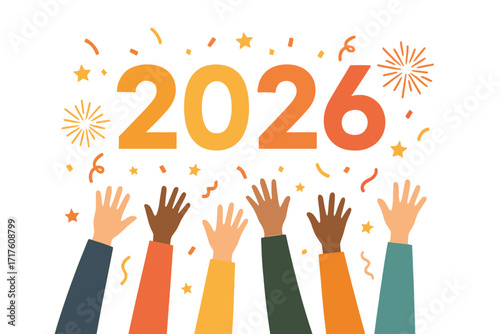 Happy New Year 2026 banner. Diverse hands cheering. Multicultural community celebration. People celebrating together with confetti and fireworks. Festive holiday vector design.
