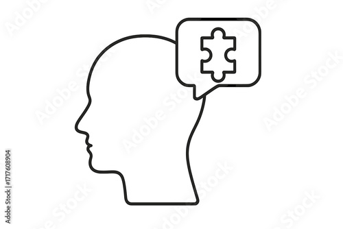 Head profile with puzzle piece in speech bubble. Vector line art. Concept for mental health, psychology, problem solving, communication, therapy, business solution, education, idea.
