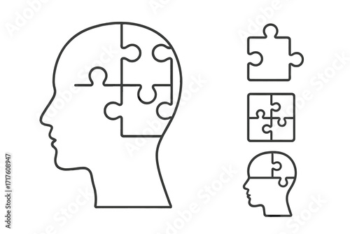 Human head silhouette with puzzle. Concept of mental health, psychology, logic, memory, thinking. Metaphor for problem solving, solution, idea, innovation, and business strategy.